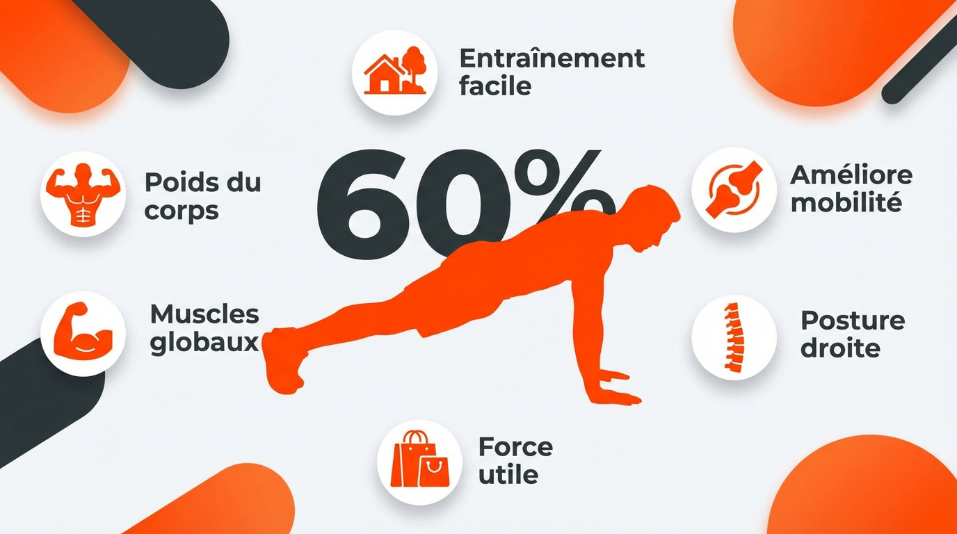 Infographie résumant les bénéfices physiques et pratiques de l'entraînement au poids du corps