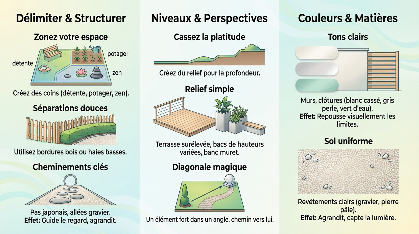 Aménagement optimisé d'un petit jardin cosy avec niveaux et zones distinctes