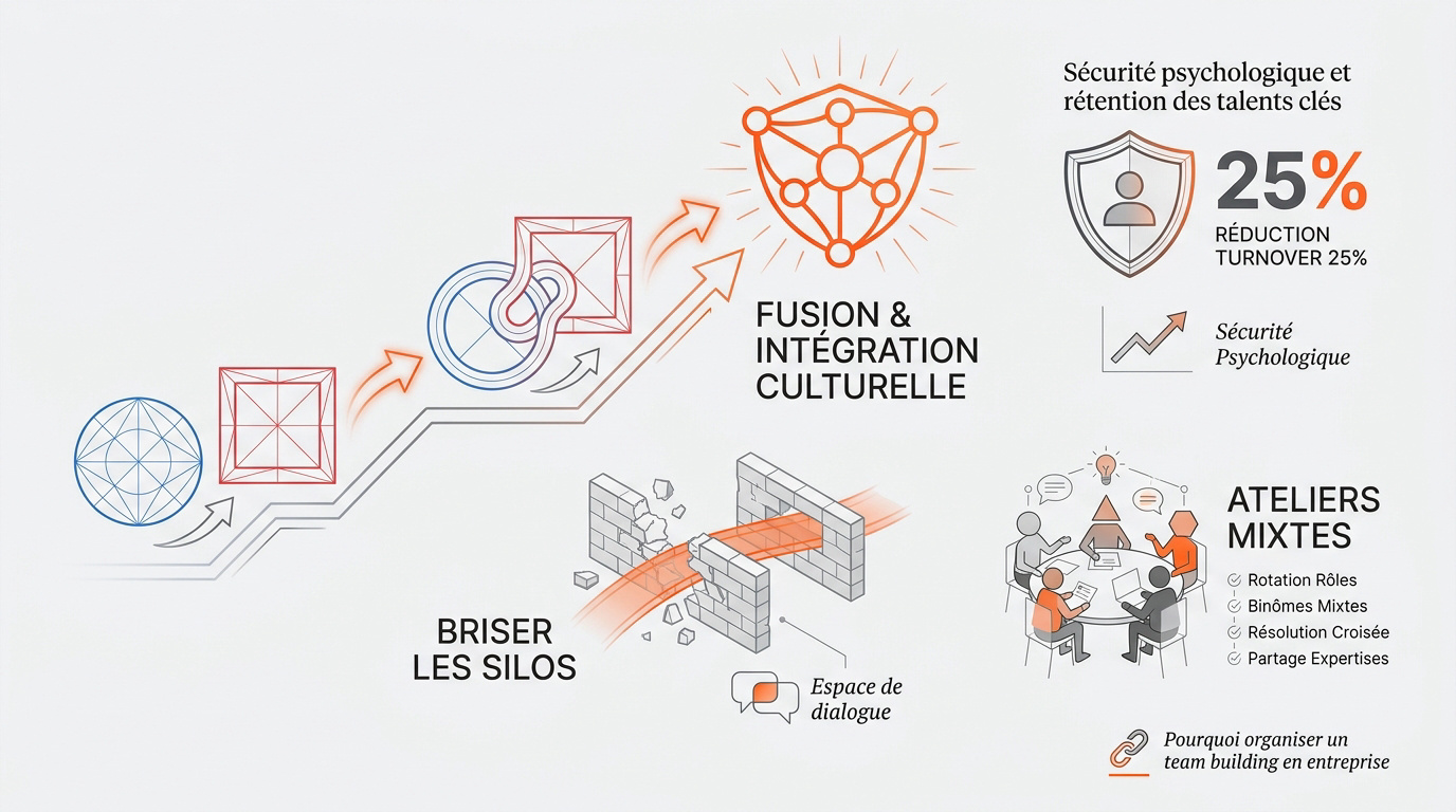 Sch&eacute;ma des avantages strat&eacute;giques du team building lors d'une fusion d'entreprise