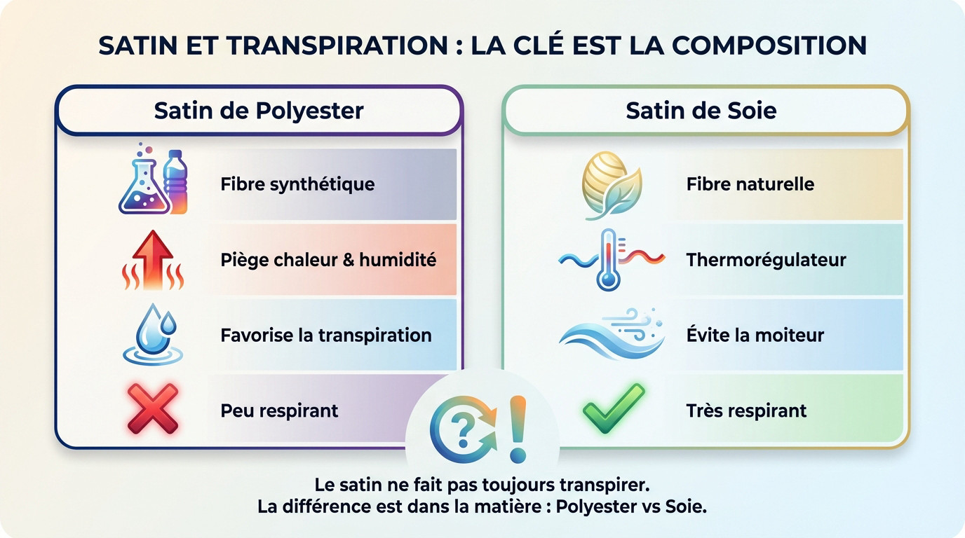 Comparaison entre un pyjama en satin de polyester qui fait transpirer et un satin de soie respirant