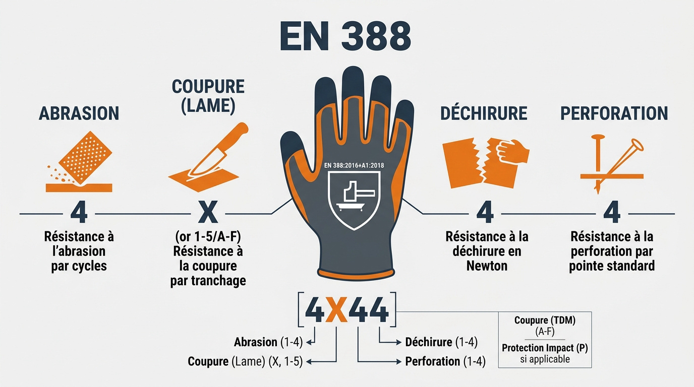 Infographie explicative des niveaux de performance de la norme EN 388 pour les gants de protection