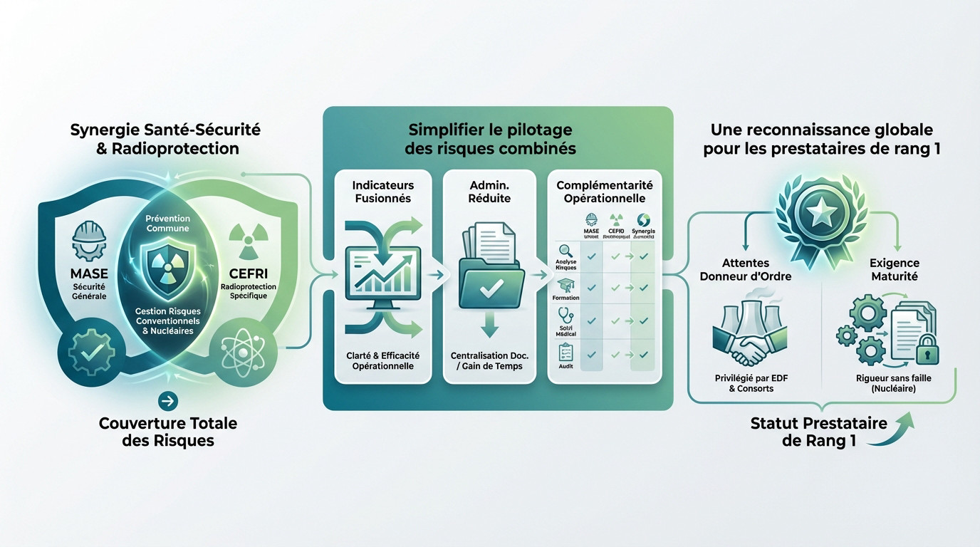 Schéma illustrant la synergie opérationnelle entre les certifications MASE et CEFRI pour la sécurité nucléaire