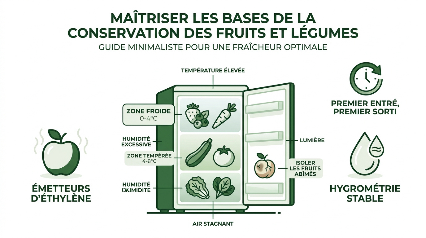 Infographie sur les méthodes de conservation des fruits et légumes frais au réfrigérateur et à température ambiante