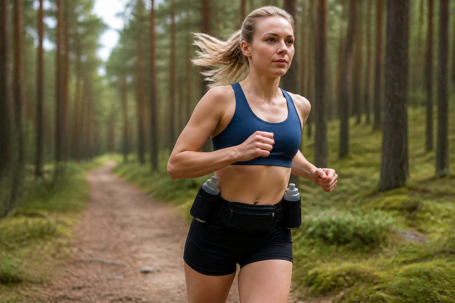 Femme en course avec ceinture d'hydratation — positionnement sur les hanches