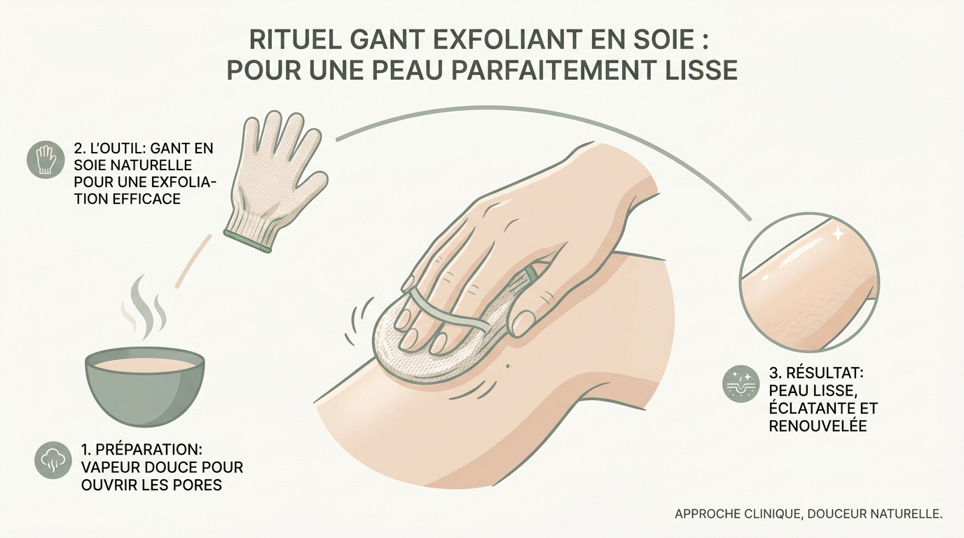 Rituel de gommage avec un gant en soie pour une peau lisse