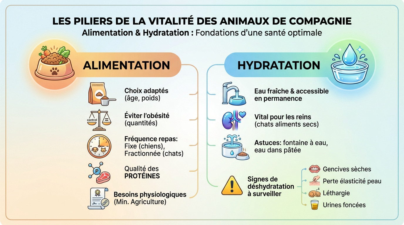 Chien et chat s'hydratant et mangeant une alimentation équilibrée adaptée à leurs besoins physiologiques
