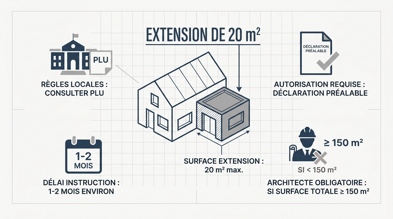 Schéma explicatif des démarches pour une extension de maison de 20 mètres carrés