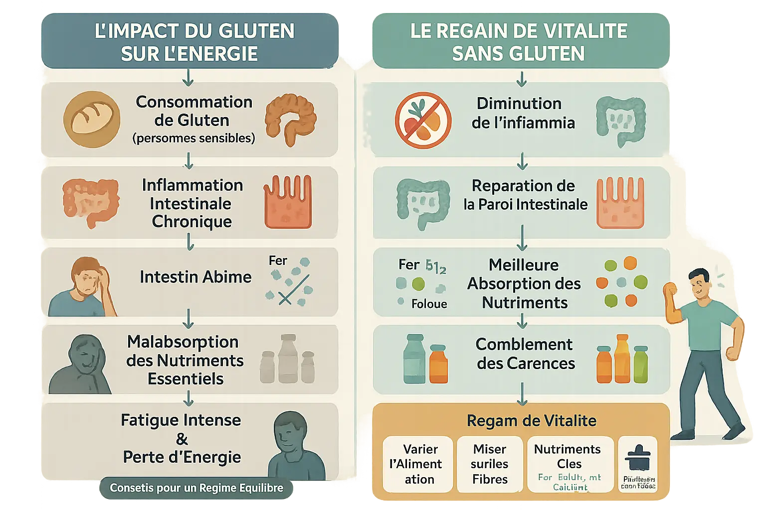 Schéma du système digestif <strong>avant et après régime sans gluten</strong>