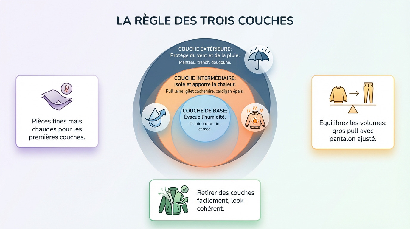 Illustration de la règle des trois couches pour une tenue hivernale chaude et stylée
