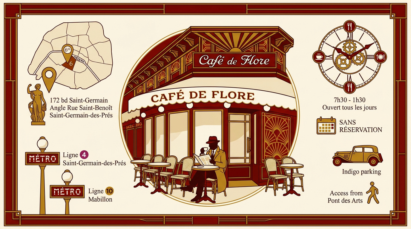 Infographie de style Art Déco représentant la façade du Café de Flore à Paris