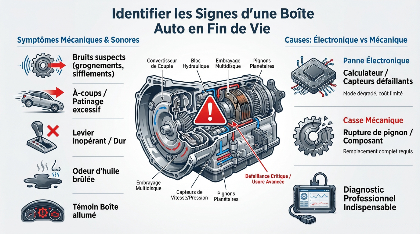 Symptômes mécaniques d'une boîte automatique défectueuse