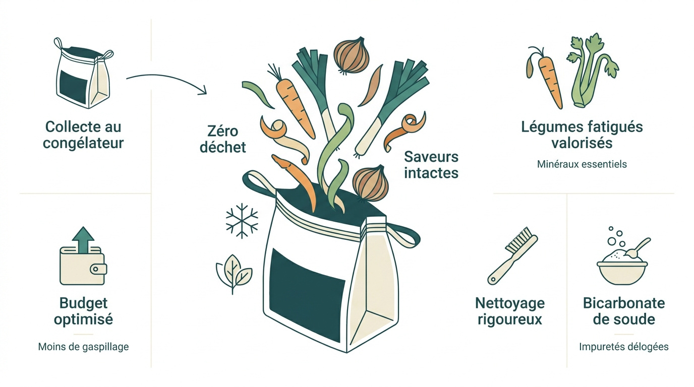 Préparation de légumes frais et épluchures pour un bouillon maison