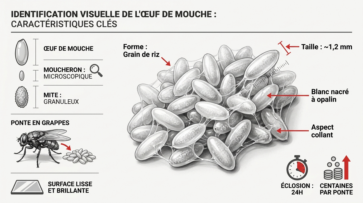 Gros plan sur des œufs de mouche domestique en grappe montrant leur forme de grain de riz