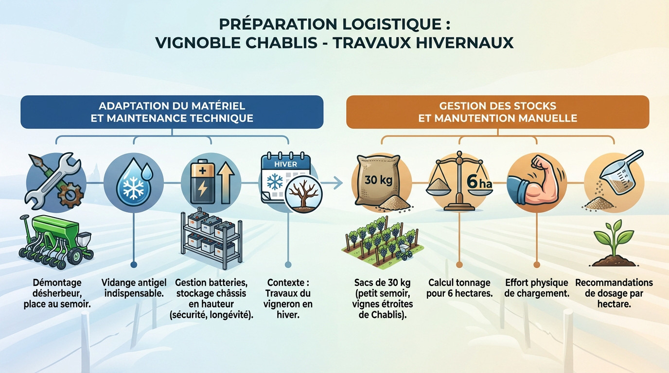 Préparation logistique tracteur et matériel pour épandage engrais organique vigne Chablis