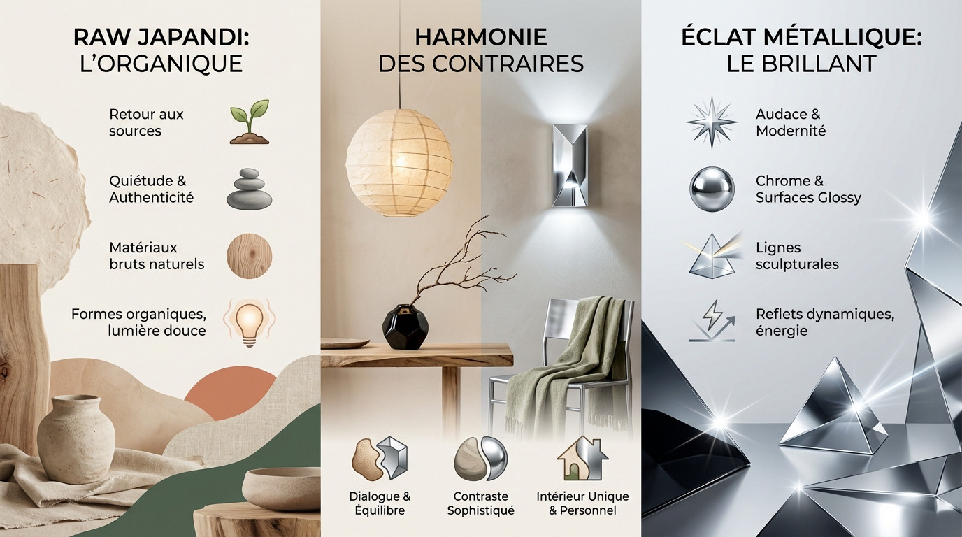 Contraste entre luminaire style Raw Japandi en matériaux naturels et suspension design en chrome brillant