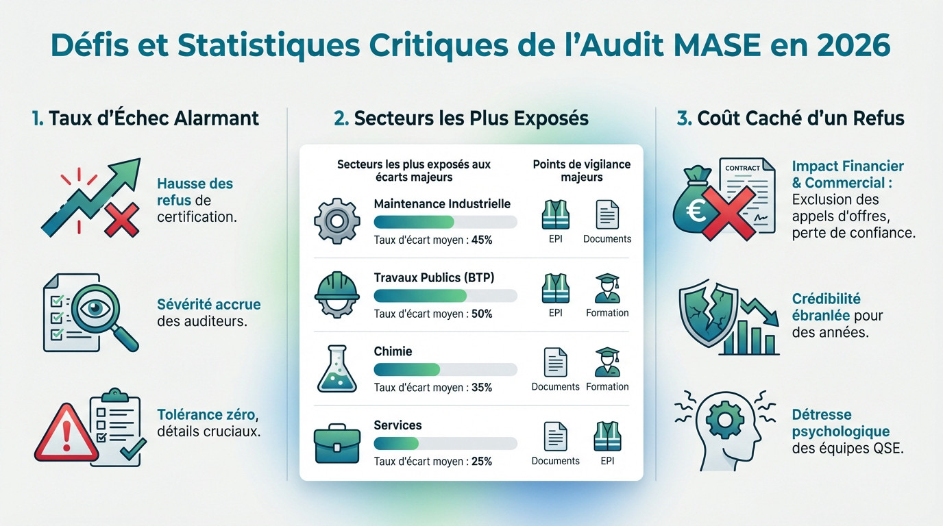 Graphique montrant la hausse des écarts critiques lors des audits MASE et l'impact sur la certification