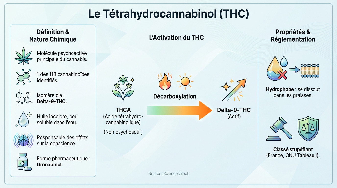 Schéma de la structure chimique du THC et sa transformation par décarboxylation