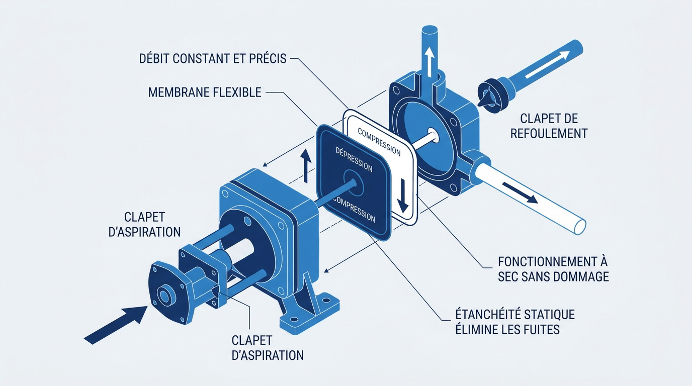 Schéma technique du fonctionnement d'une pompe à membrane industrielle