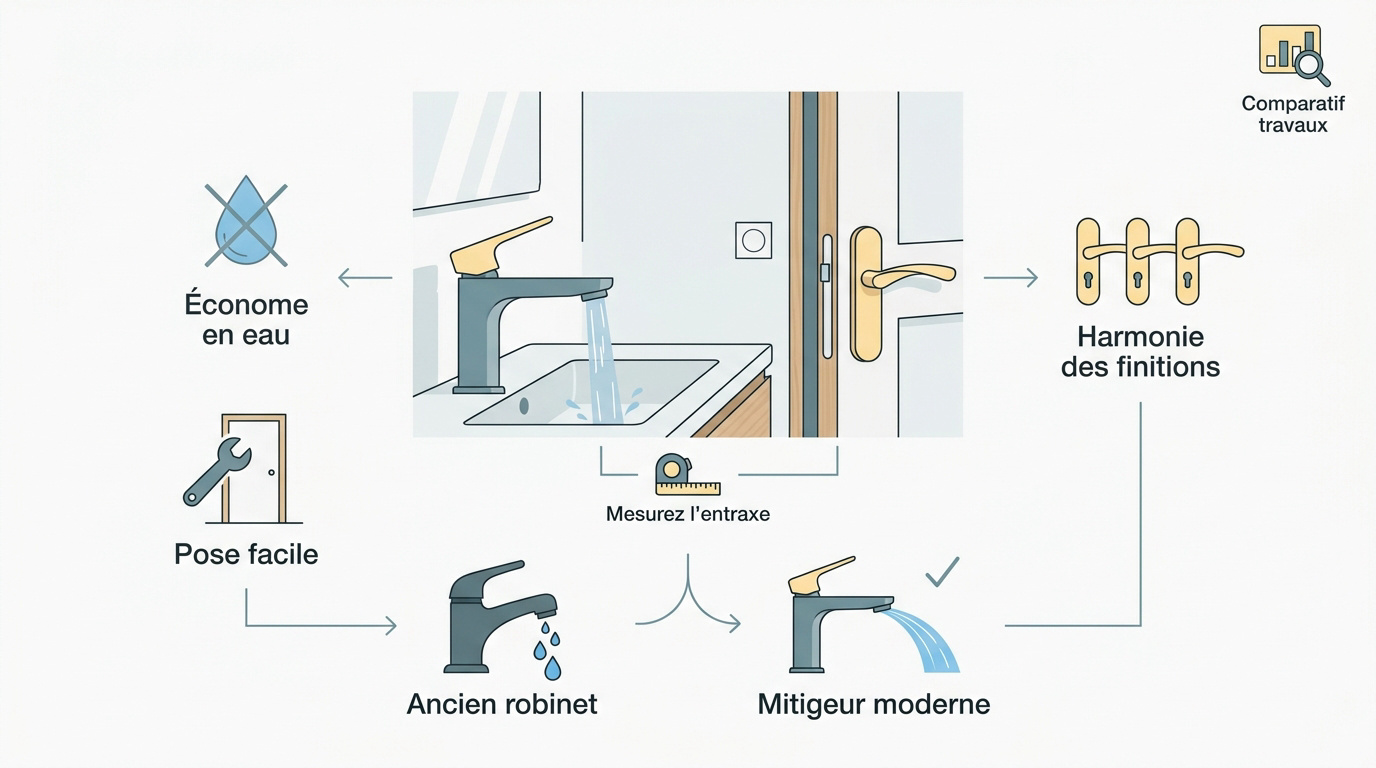 Installation d'un nouveau mitigeur de lavabo et de poignées de porte modernes