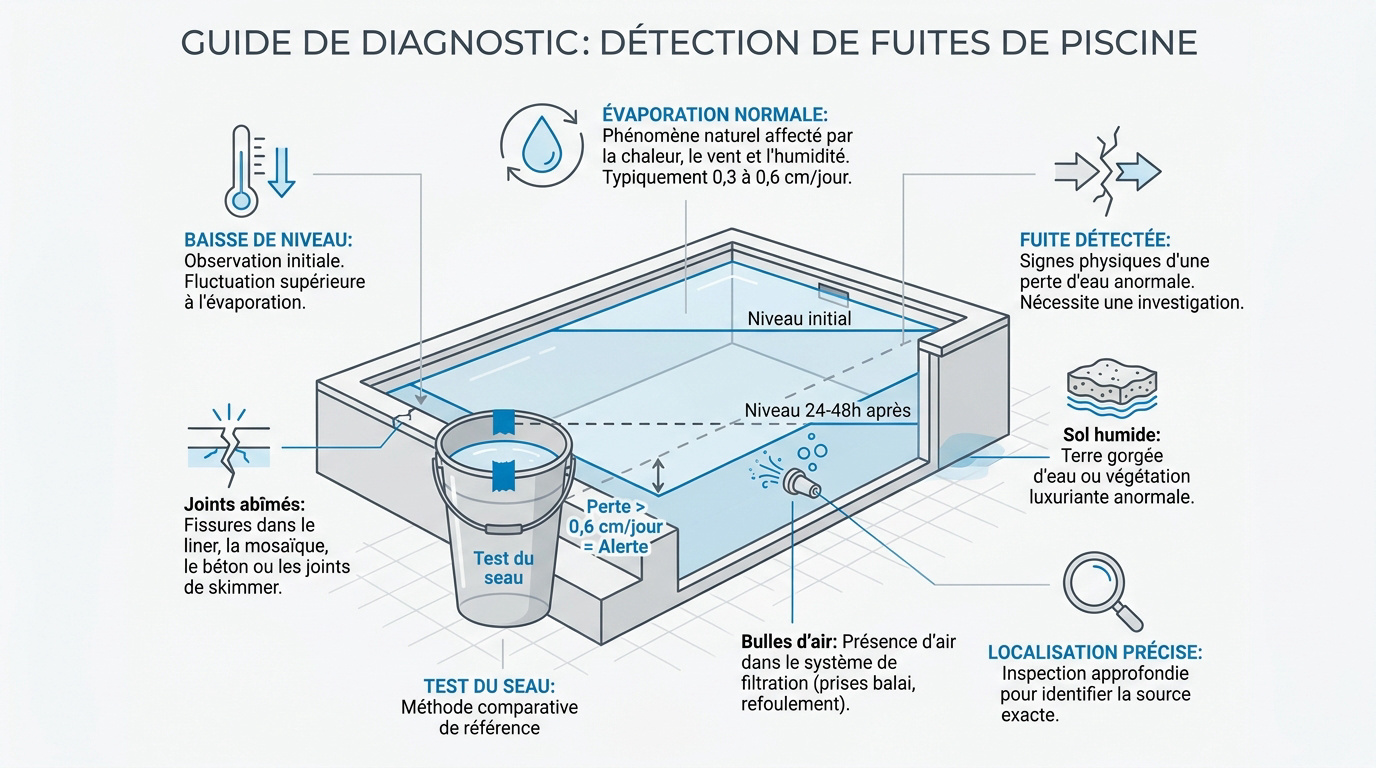 Diagnostic de détection de fuite de piscine avec test du seau