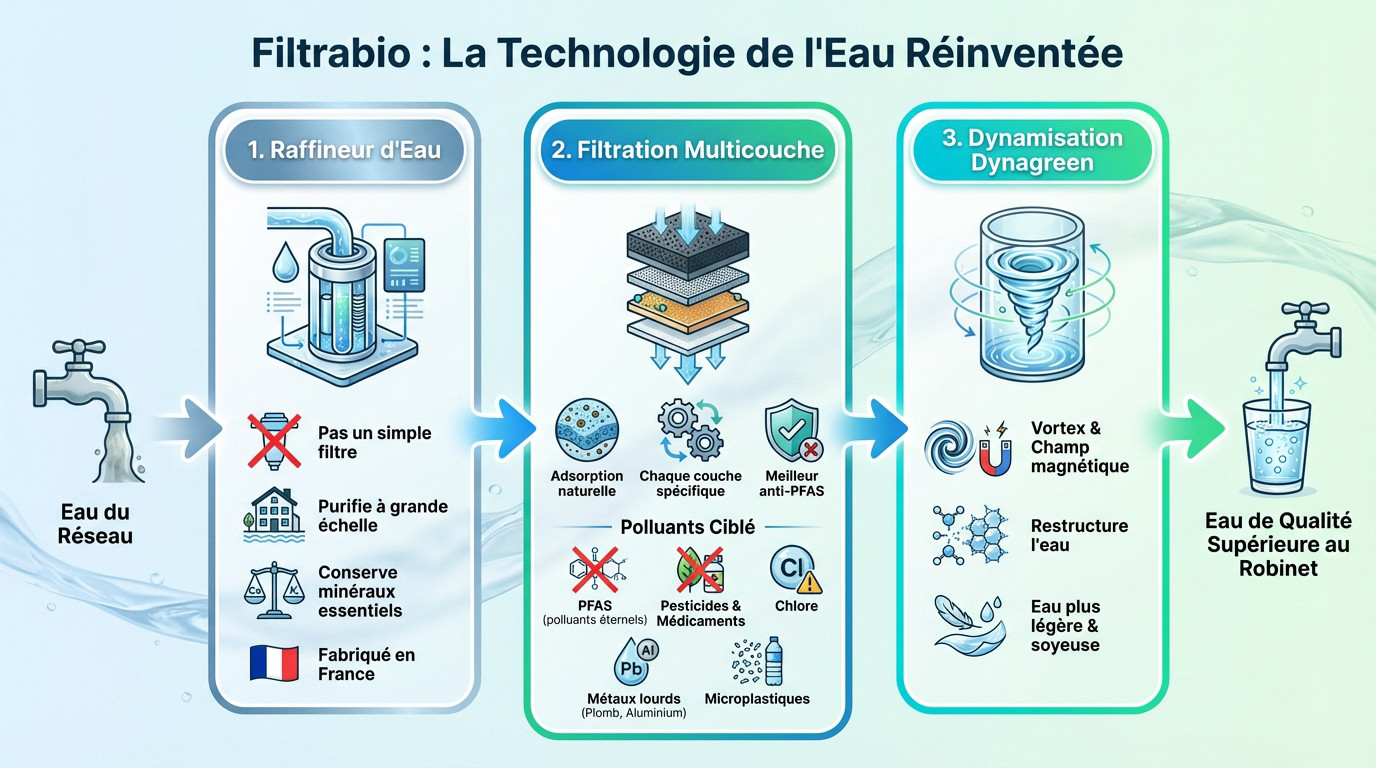Schéma illustrant le fonctionnement du raffineur d'eau Filtrabio et sa technologie multicouche
