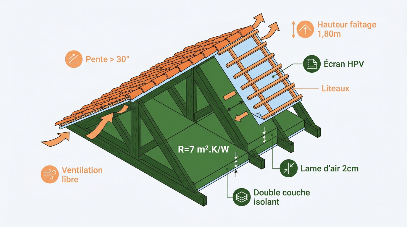 Schéma technique d'une isolation de combles aménageables sur charpente à fermettes industrielles
