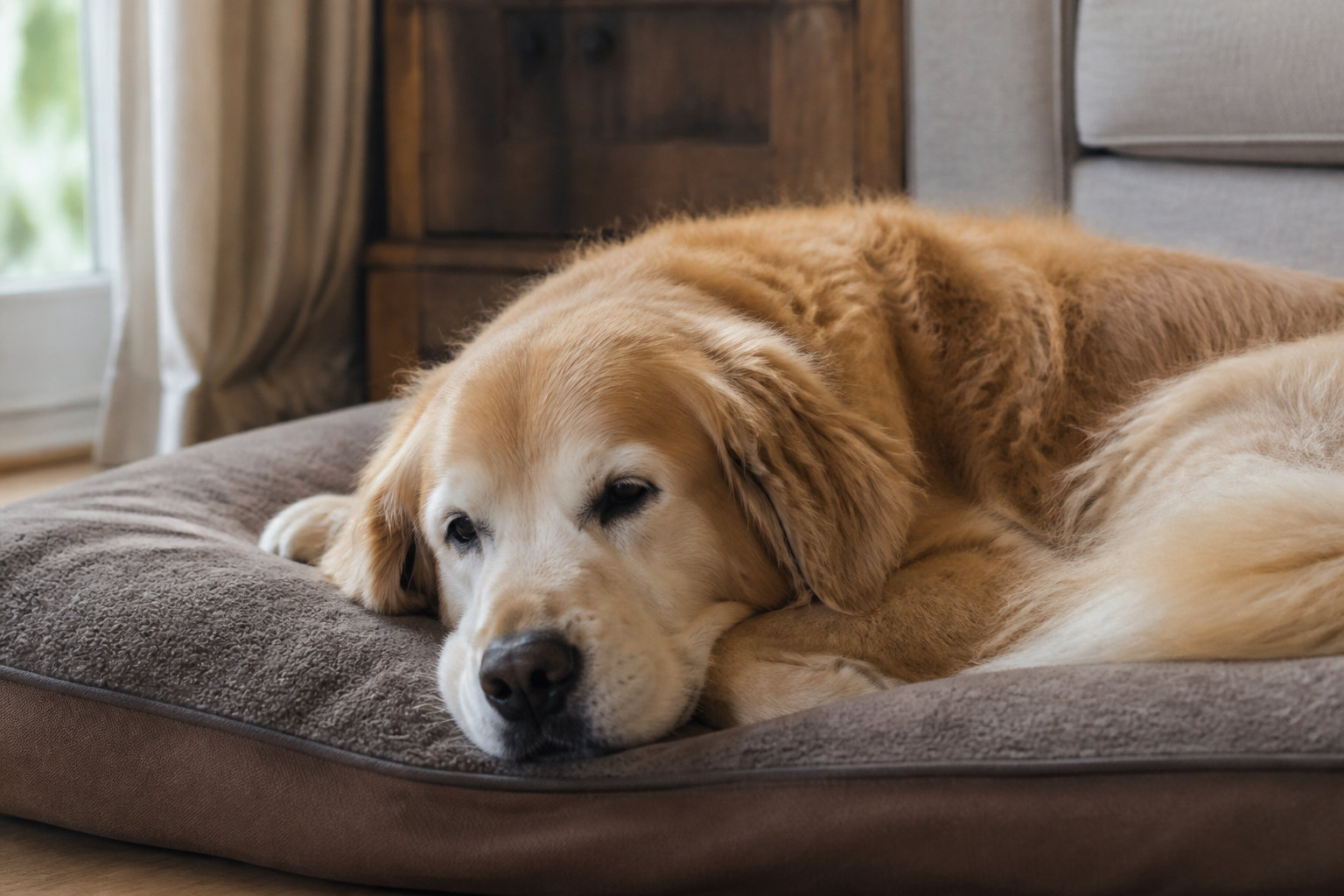 Vieux golden retriever au repos profitant du bien-ĂŞtre animal
