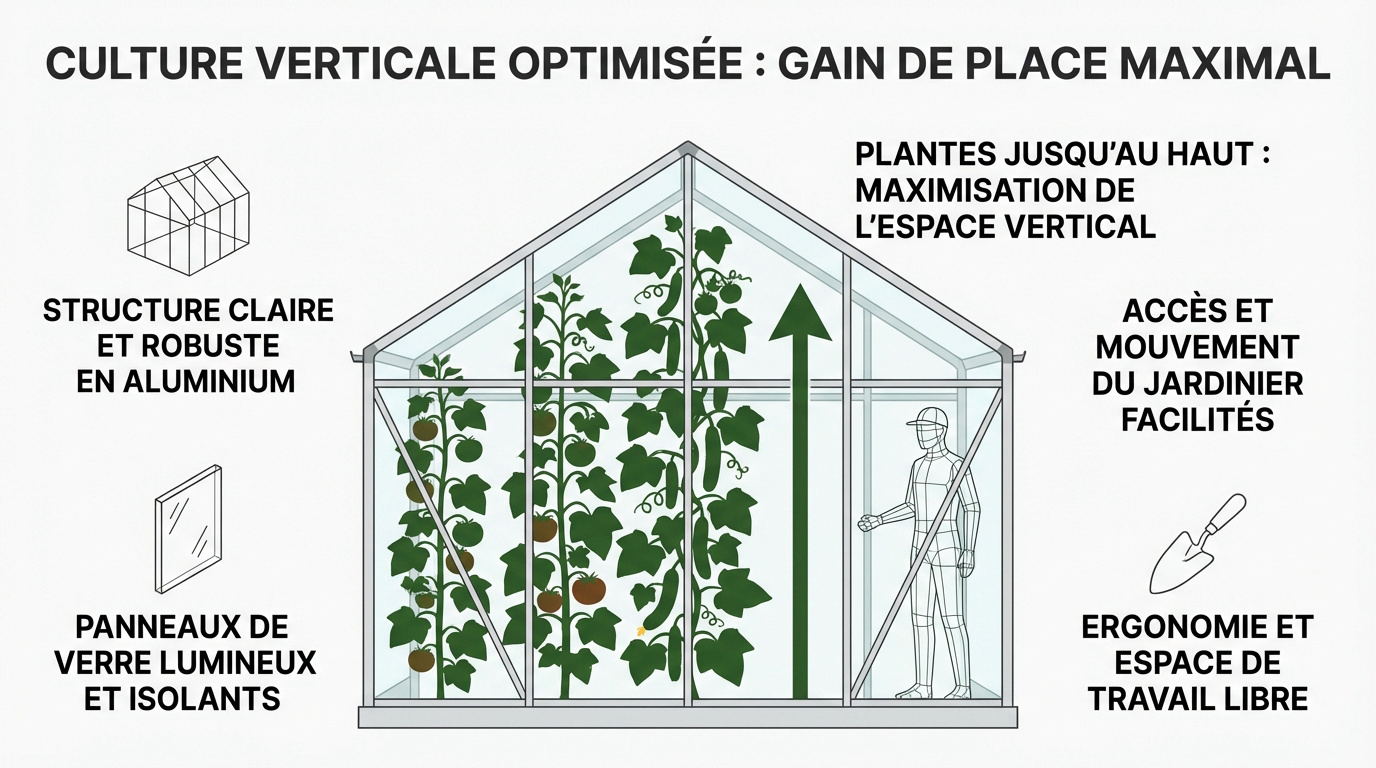 Aménagement intérieur d'une serre à parois droites optimisée pour la culture verticale de légumes