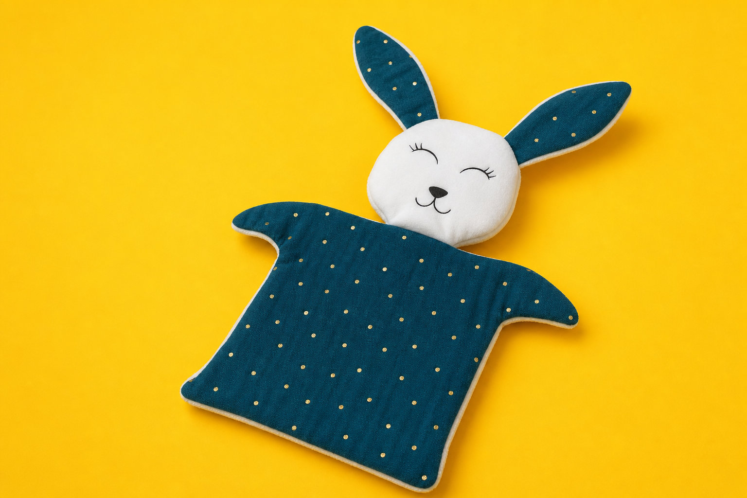 Doudou Lapin en double gaze bleu pétrole et points dorés