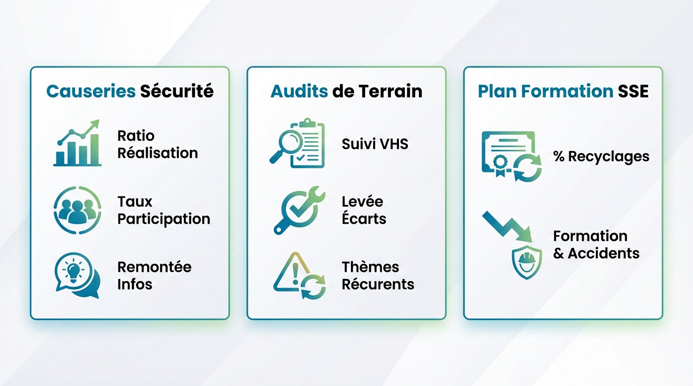 Tableau de bord montrant des indicateurs proactifs de conformité SSE pour le référentiel MASE