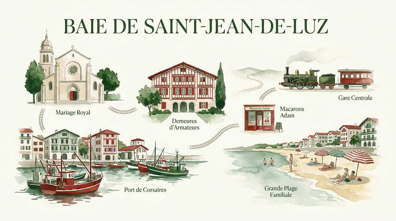 Vue aquarelle de la baie de Saint-Jean-de-Luz et de son architecture basque