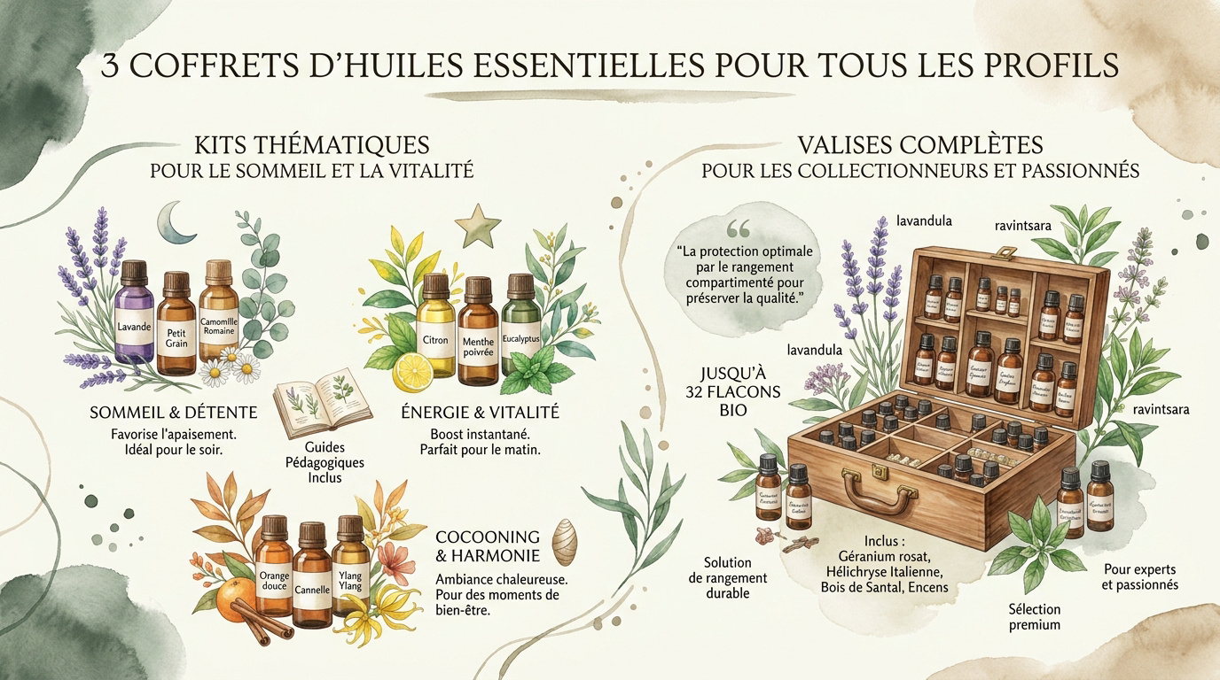 Essential oil bottles grouped into themed gift sets
