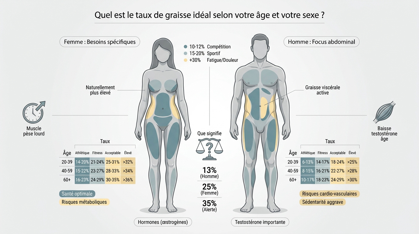 Tableau comparatif du taux de graisse idéal par âge et par sexe