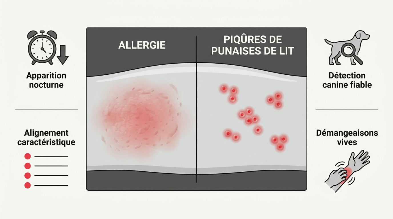 Comparaison visuelle entre une piqûre de punaise de lit et une réaction allergique cutanée
