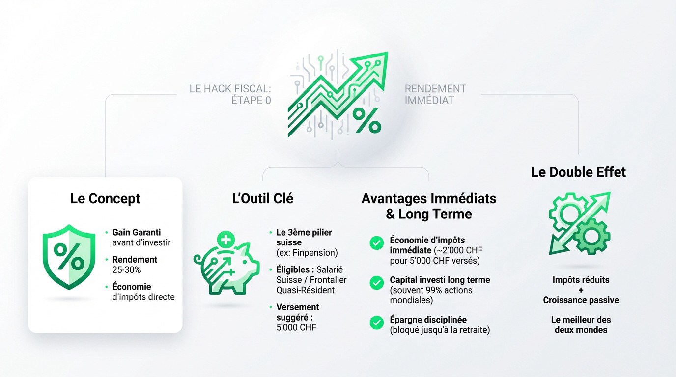Graphique illustrant le gain fiscal immédiat via le 3ème pilier suisse pour un investissement de 10000 euros