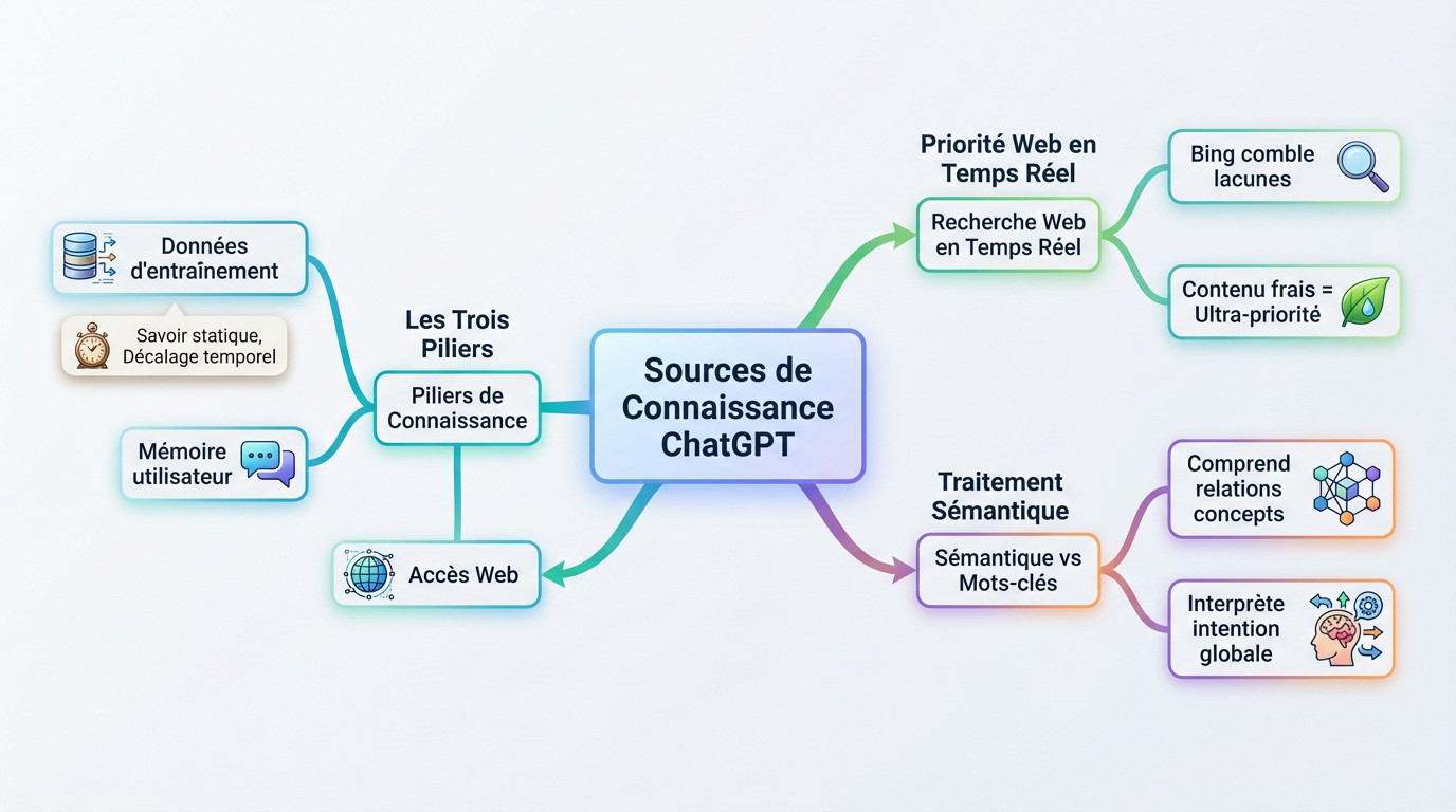 Schéma illustrant les trois sources de données de ChatGPT : entraînement, mémoire et web