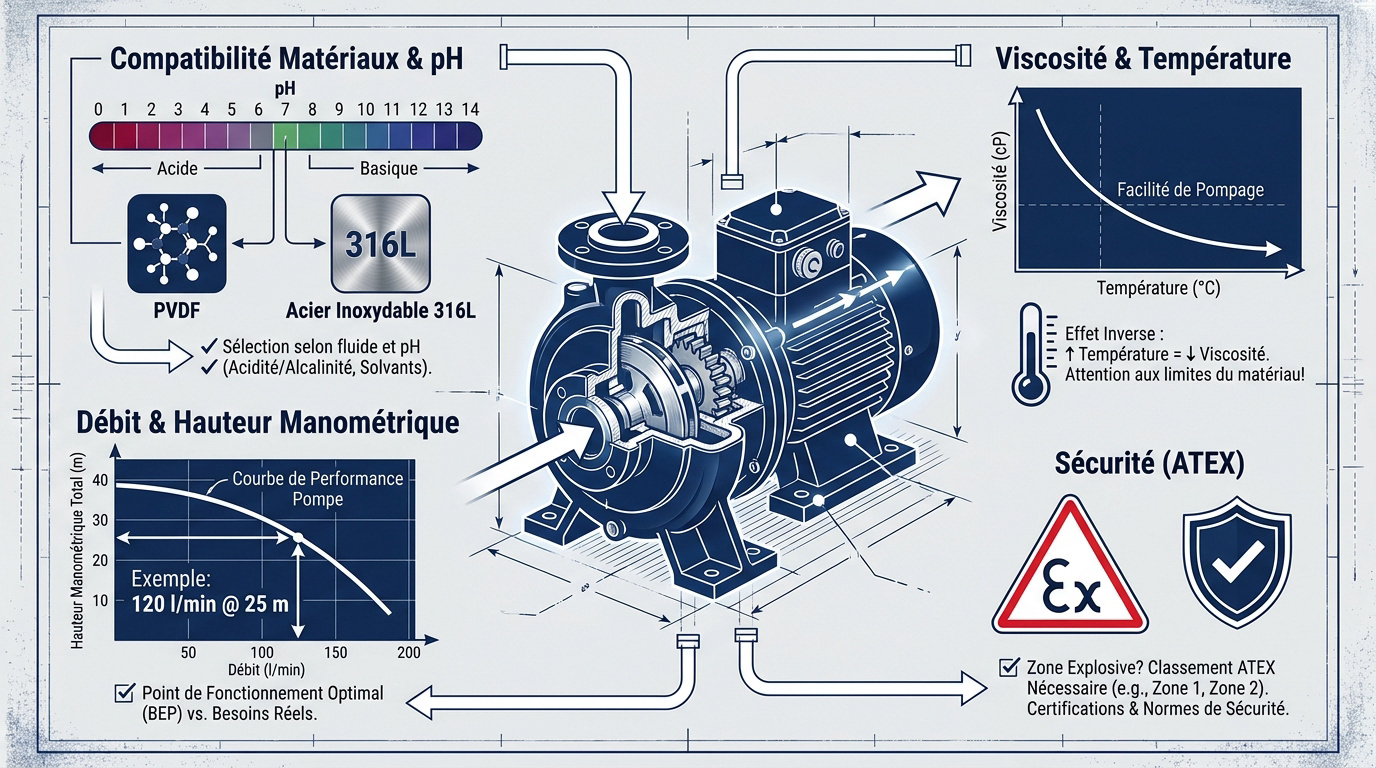 Infographie détaillant les critères techniques pour le choix d'une pompe chimique industrielle