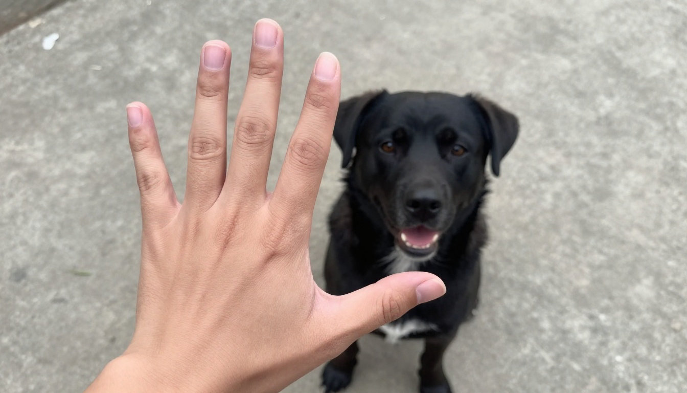 Geste de la main pour le dressage chien couché