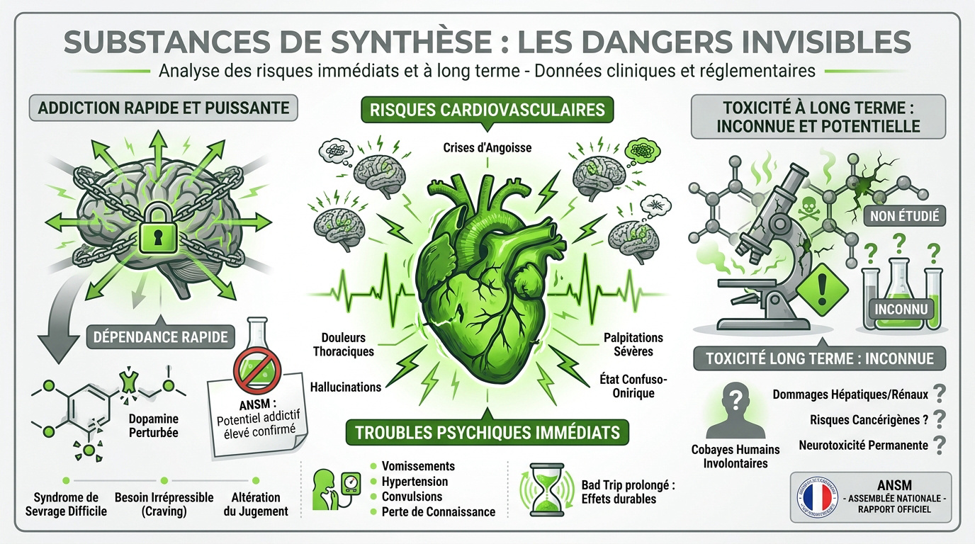 Schéma illustrant les risques cardiovasculaires et neurologiques des néo cannabinoïdes de synthèse