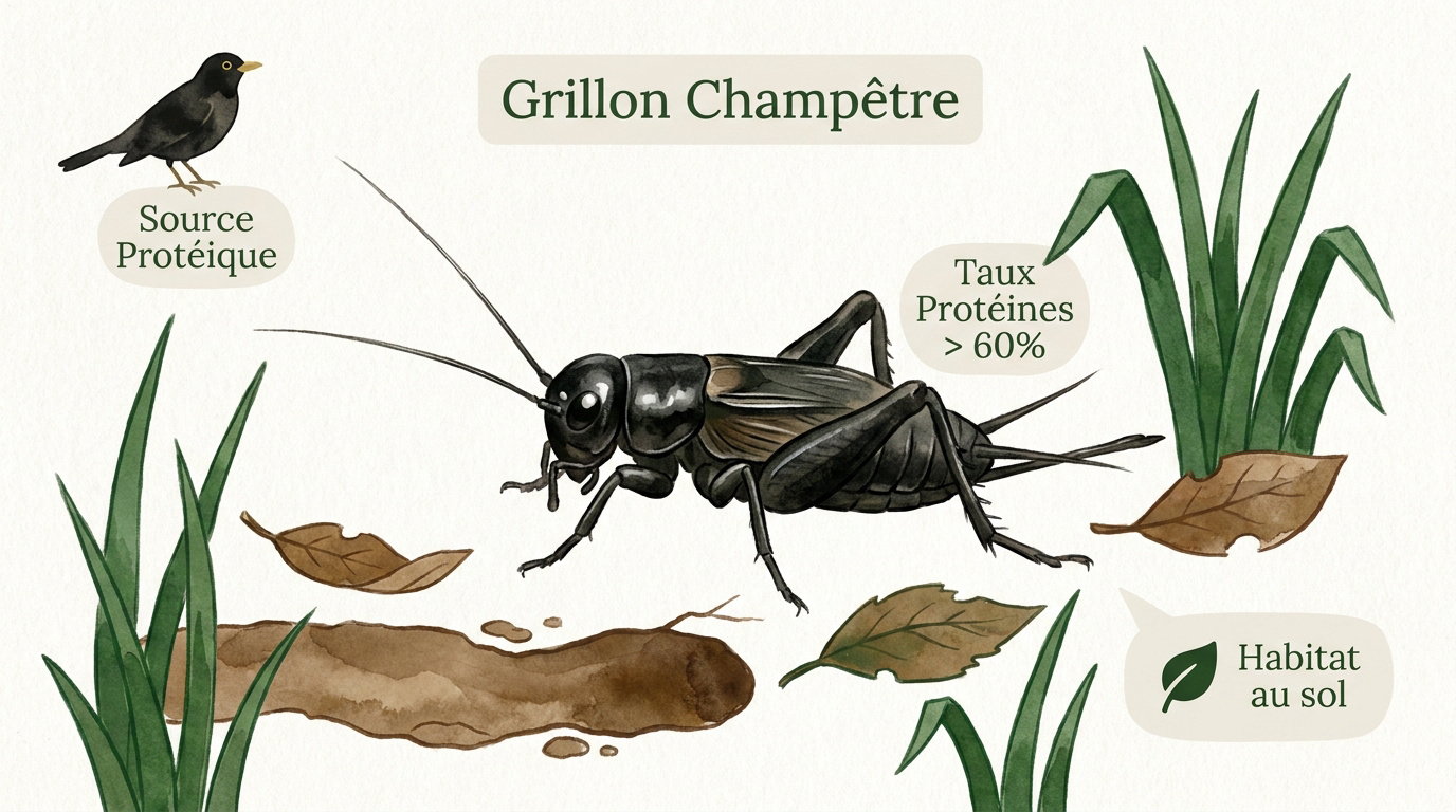 Grillon champêtre noir dans son habitat naturel au sol du jardin