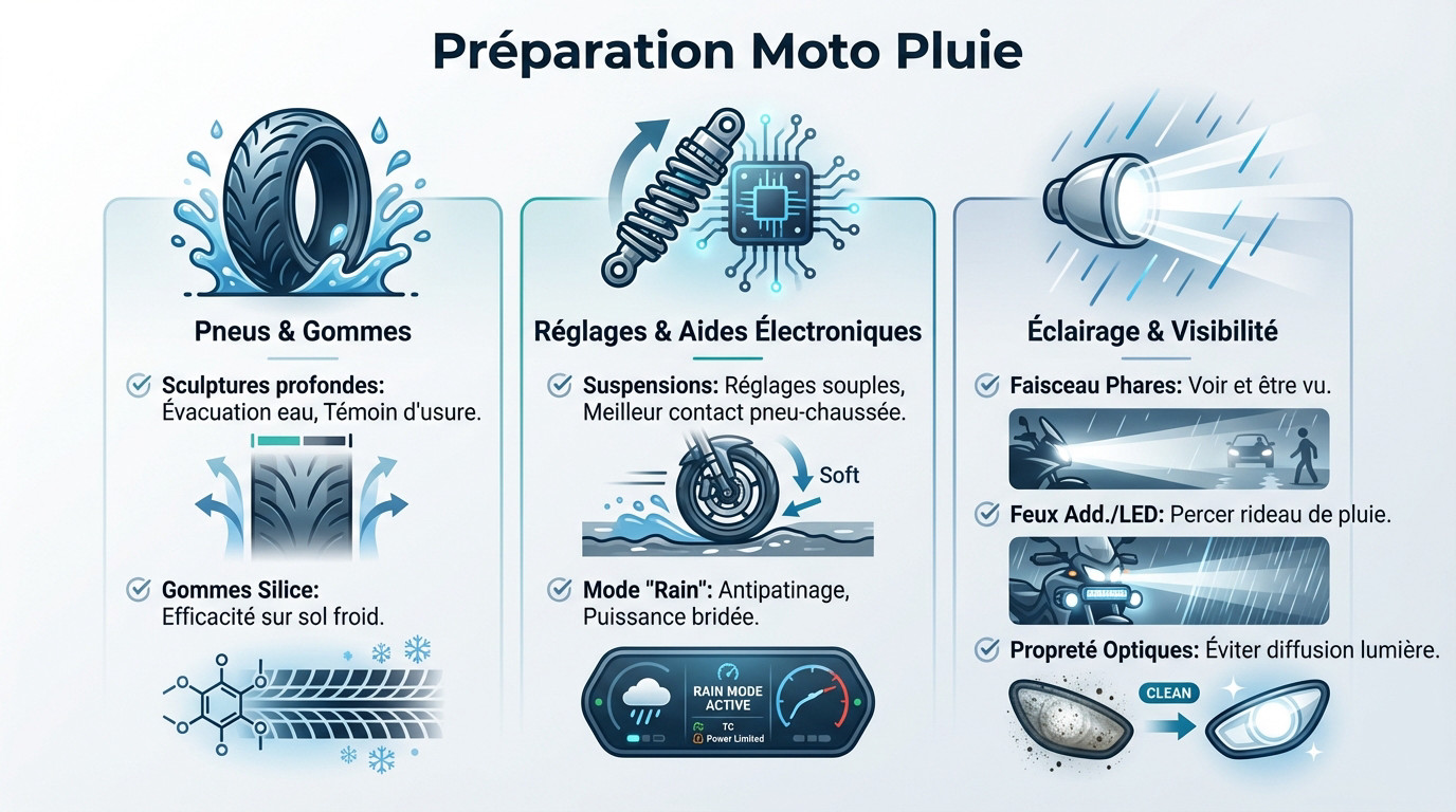 Préparation mécanique des pneus et suspensions moto pour la pluie