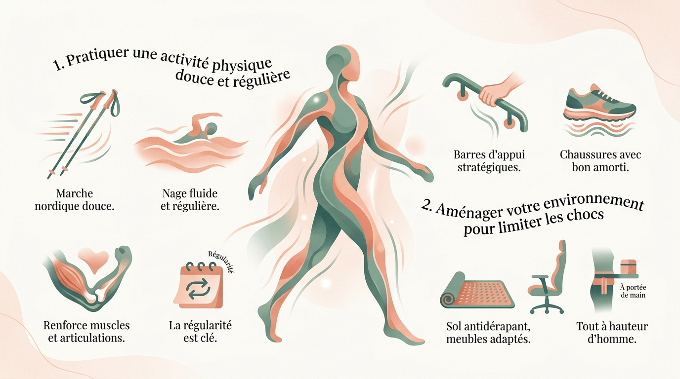 Arthrose genou : comprendre et soulager au quotidien Femme pratiquant une activité physique douce pour soulager ses genoux