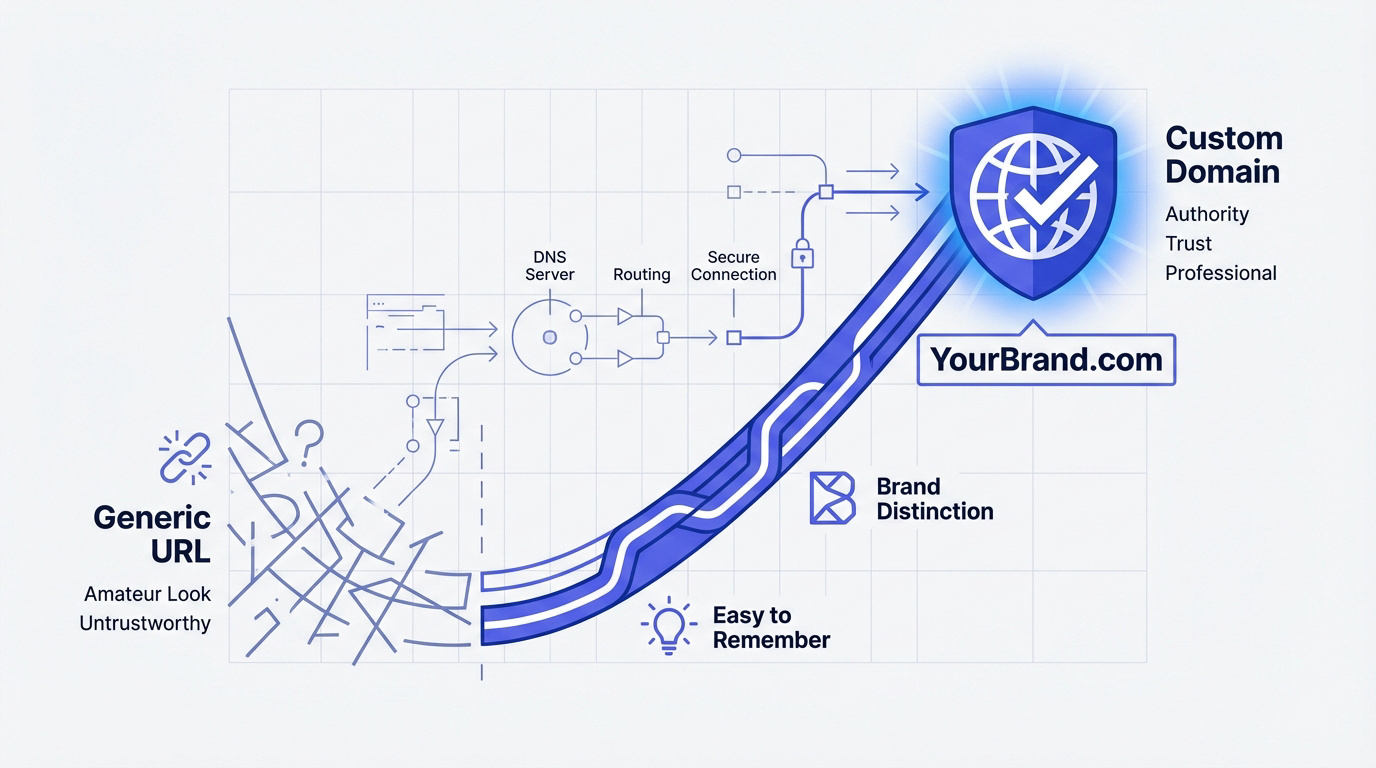 Visual representation of transitioning from a generic subdomain to a professional custom domain name