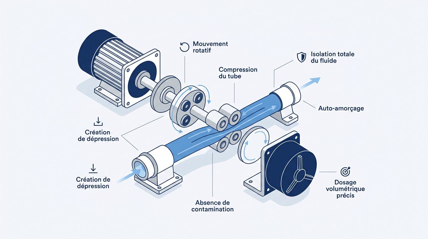 Schéma du mécanisme de compression d'une pompe péristaltique industrielle pour dosage précis