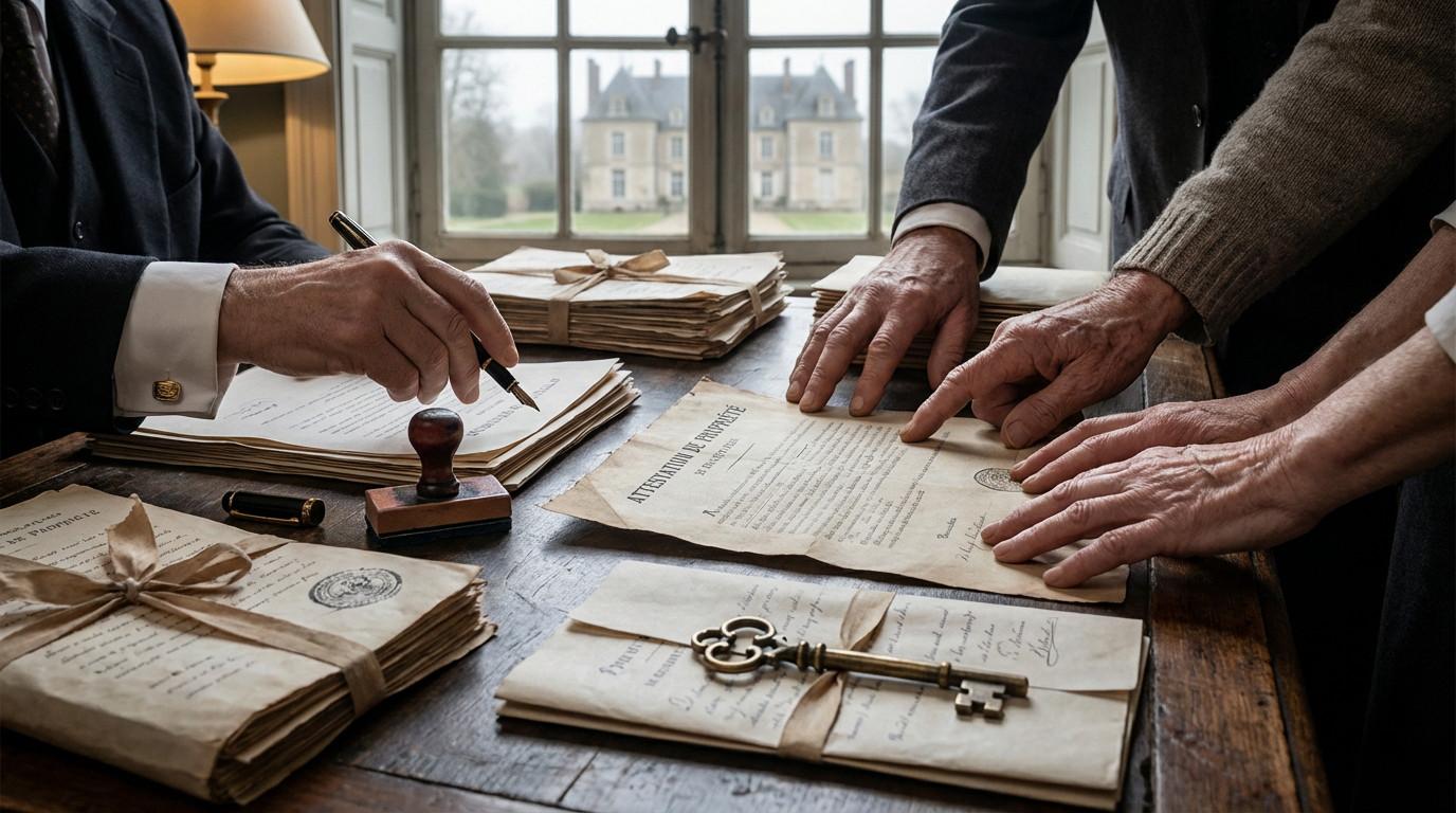 Dossier de succession avec clés de maison et documents administratifs posés sur un bureau