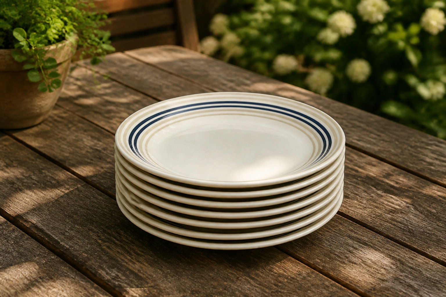 Lot de 9 assiettes rayées bleues et beiges