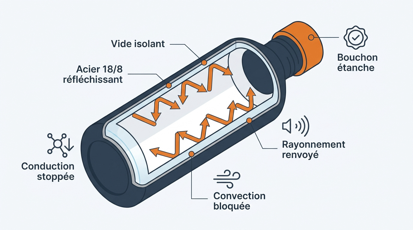 Schéma technique de l'isolation par le vide d'une gourde en acier inoxydable