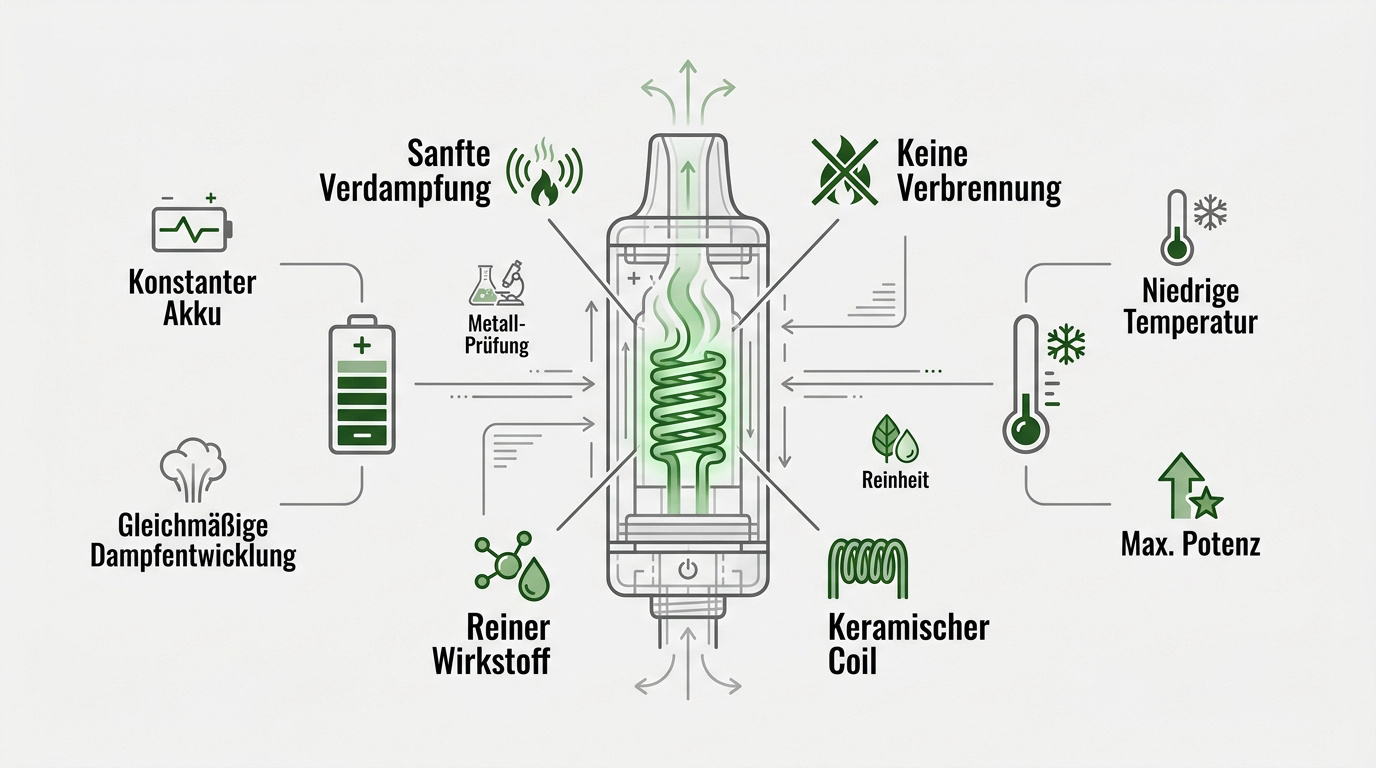 Technische Komponenten einer modernen Cannabinoid-Vape mit Keramik-Coil