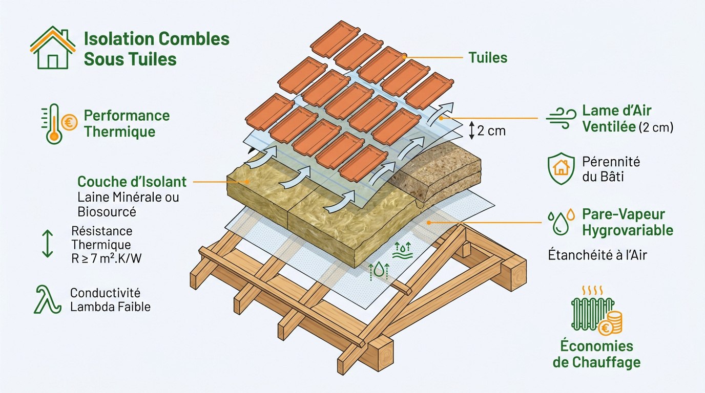 Schéma éclaté de l'isolation d'une toiture sous tuiles avec membrane et isolant