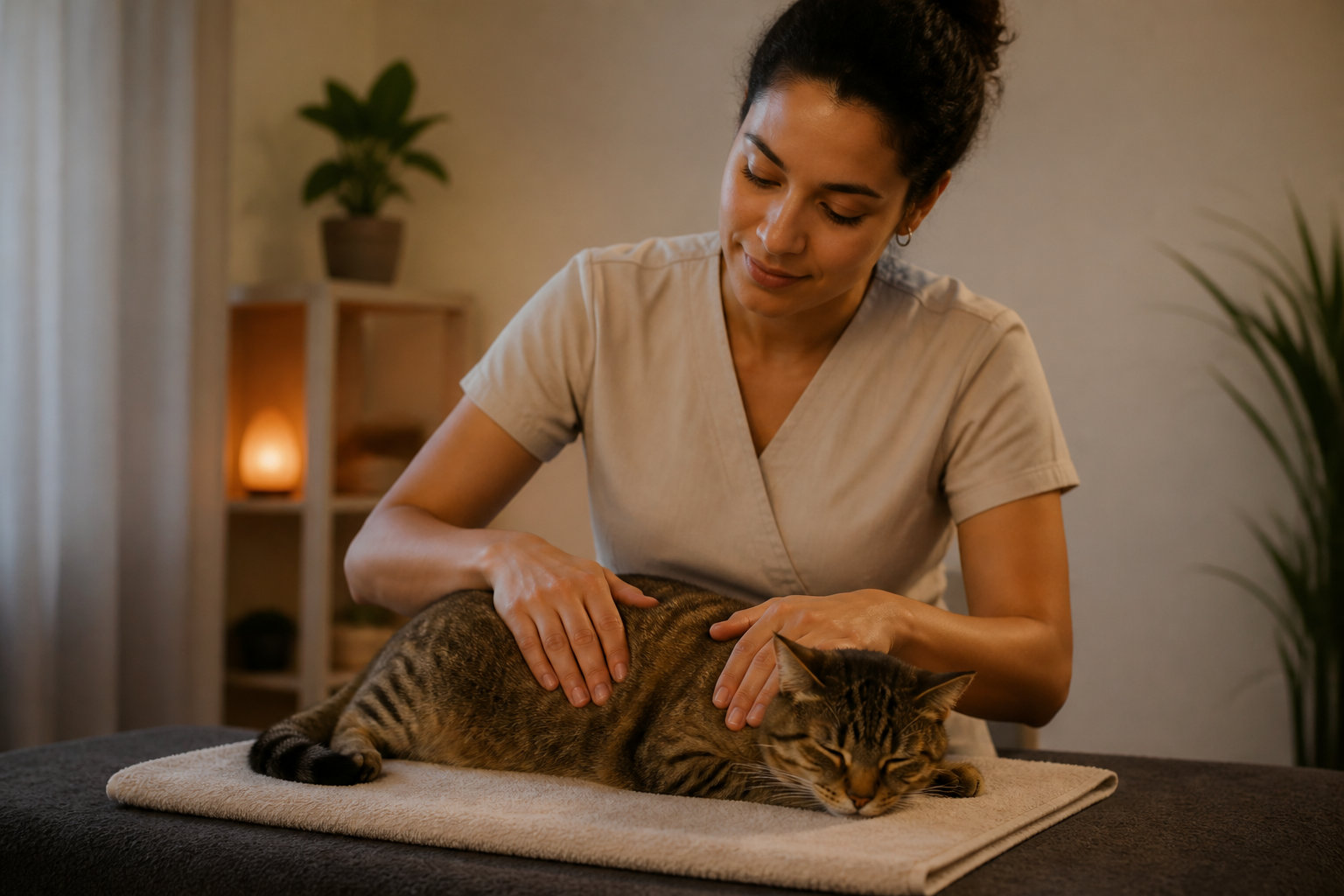 Chat recevant un massage professionnel doux pour libérer son stress